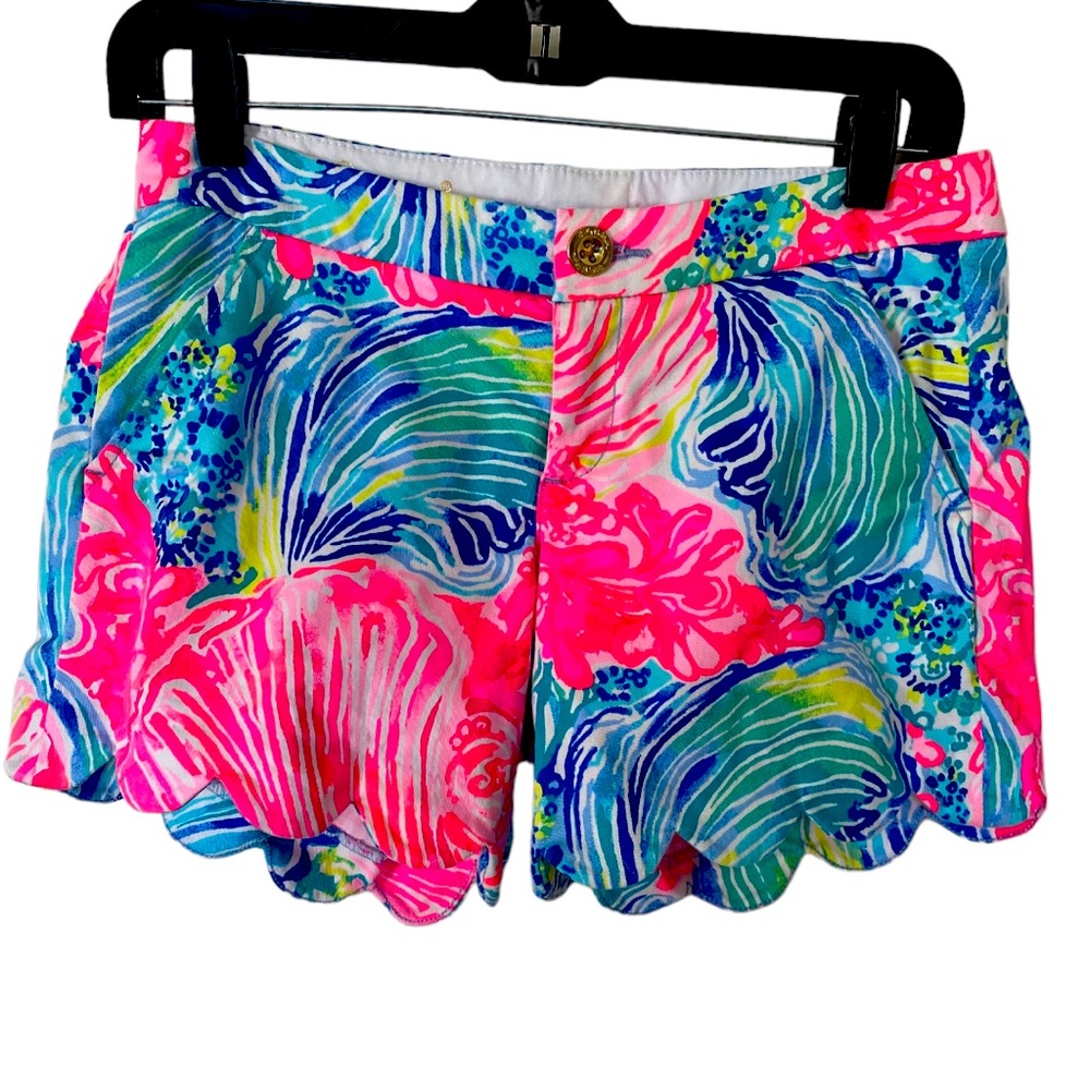 Lilly Pulitzer The buttercup stretch scalloped hem pink & blue shell print sz 00